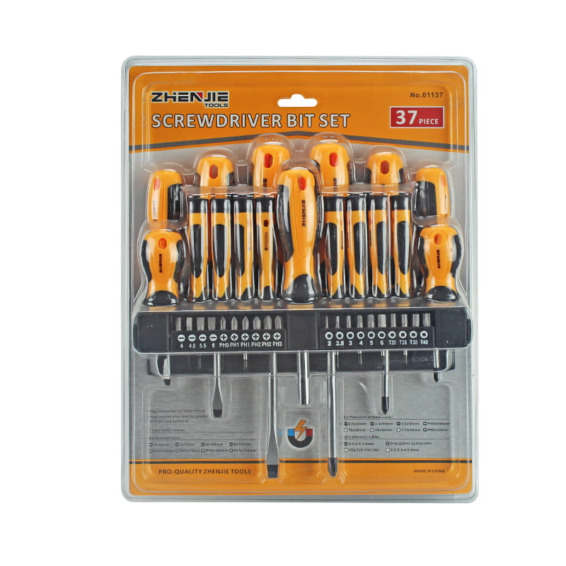 37pcs Plastic Shelf & Double Blister Packaging Slotted Phillips Torx Hex Screwdriver Set